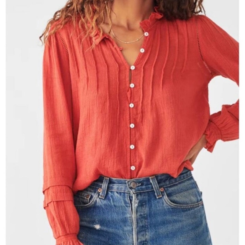 Faherty Willa Top Organic Cotton Gauze Boho Lace Blouse WOMEN XS CARMINE‎